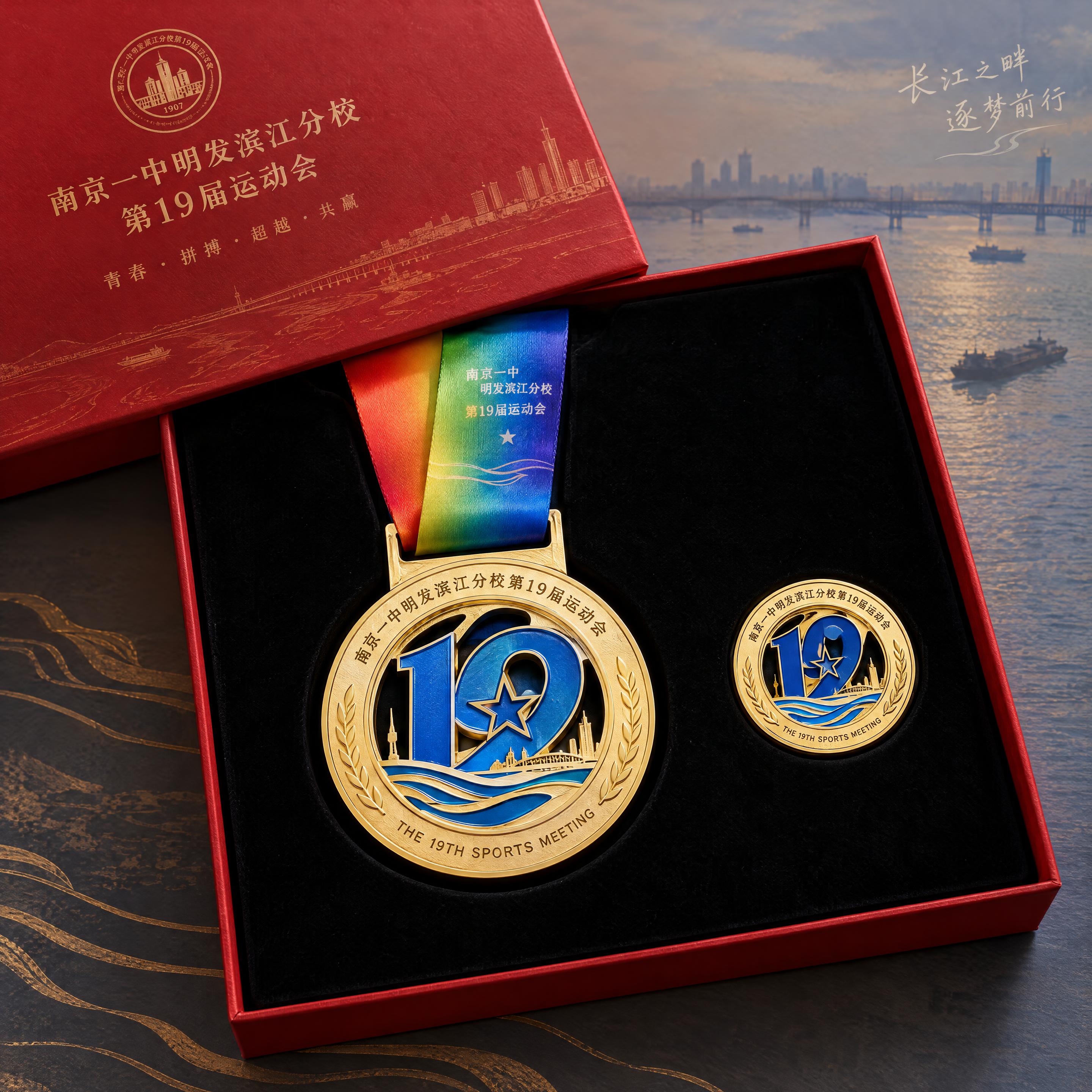 南京一中明发滨江分校第19届运动会奖牌礼盒套装效果图，打开的红… - 图片创意预览