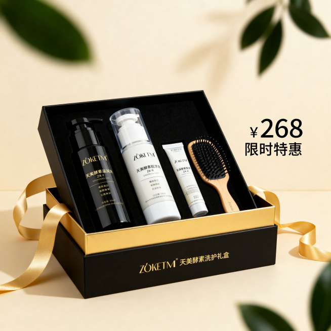 高端洗发液礼盒套装视觉图，突出礼品感与高端质感。前景是打开的上传款黑金礼盒，盒内整齐摆放上传的ZK-I黑瓶与ZK-II白瓶洗发液，礼盒侧边放置赠品按摩梳和产品小样，搭配飘逸的金色丝带装饰。背景为柔焦米预览效果