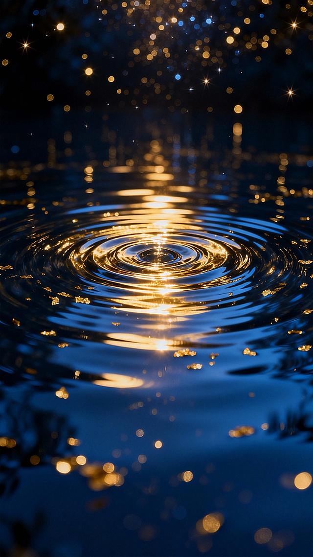 深邃幽暗的背景中，无数金色光点如星辰般闪烁，营造出神秘而璀璨的氛围。深蓝色的水面波光粼粼，金色的光芒在水面上形成一圈圈涟漪，光芒柔和而温暖，照亮了周围的水域，水面上漂浮着细碎的金色光斑，仿佛洒落的星光，整体画面呈现出梦幻、奢华且宁静致远的感觉，光影运用细腻，高光与阴影对比鲜明，水面质感通透，金色光芒的渐变自然流畅，构图采用中心对称布局，视觉焦点集中在水面中央的光影涟漪上。