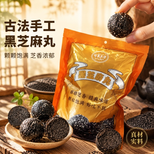[主图-1] 黑芝麻丸首图，场景食欲展示。
[氛围风格] 天然食补国风，浓郁食欲氛围感
[画质] 商业摄影质感，光线柔和通透，产品清晰真实，画面干净高级
[元素] 黑芝麻丸产品包装袋居中展示，周围散落预览效果
