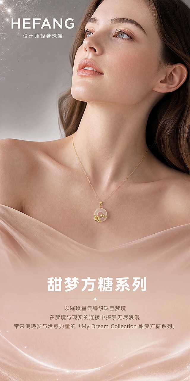 [商品] 使用【图1】玉髓平安扣梅花项链；保留白玉髓平安扣圆环造型、金色立体浮雕梅花与花苞枝桠、金色细链、整体结构比例和温润质感；佩戴于模特颈部，不改变商品形态。
[画面] 目标：品牌系列头图，建立轻奢珠宝第一印象。构图：上半部分欧美模特半身特写，颈部佩戴项链，模特微抬下巴，视线看向画面上方；下半部分裸粉色渐变背景放系列名与文案。产品位于画面中心偏上，占画面约15%。景别：胸部以上人像特写。背景：上半部分浅灰影棚渐变，下半部分裸粉奶茶色过渡。左上角点缀细碎星光粒子。
[视觉] 套系策略：风格=轻奢珠宝大片摄影；标题字=现代无衬线粗体（大写英文+中文）；正文字=简洁无衬线体；主色=裸粉奶茶色+暖金；背景延展=基于裸粉奶茶色做深浅渐变、同色系晕染和细腻磨砂/丝绸质感；强调色=星光银白，仅用于小面积星光粒子、图标和引线；标题色=纯白/深炭灰；正文色=暖灰棕；组件=细线分隔、星光点缀、无框文字排版；光影=影棚柔光，左前侧主光，玉髓处有通透高光。
[文字] 顶部大英文标题「HEFANG」，副标题「设计师轻奢珠宝」；画面下方主标题「甜梦方糖系列」，三行小字文案：「以璀璨星云编织珠宝梦境」「在梦境与现实的连接中探索无尽浪漫」「带来传递爱与治愈力量的「My Dream Collection 甜梦方糖系列」」；文字均为横排，不遮挡项链主体。
[规格] 图片比例约1:2竖版（详情页长图），4K分辨率，medium质量，避免变形、错字、文字过小、冷蓝背景、玉髓变色、金属质感失真、模特面部怪异。