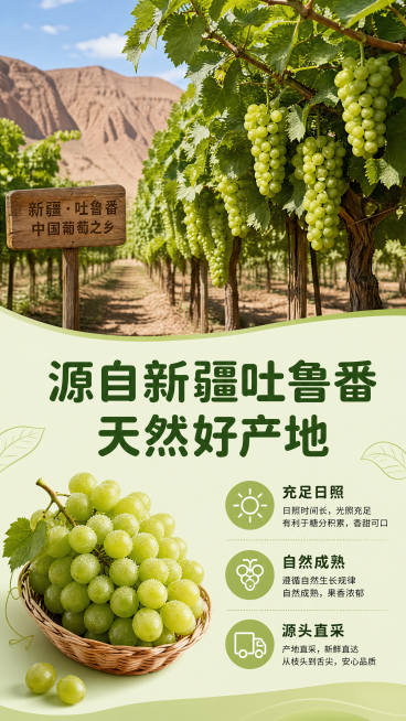 [第2屏] 新疆吐鲁番产地展示。上半部分葡萄园实景，下半部分左产品图右文字，天然原生态。浅草绿底色，标题「源自新疆吐鲁番 天然好产地」深绿圆角黑体，三点卖点：充足日照、自然成熟、源头直采。9:16，4预览效果