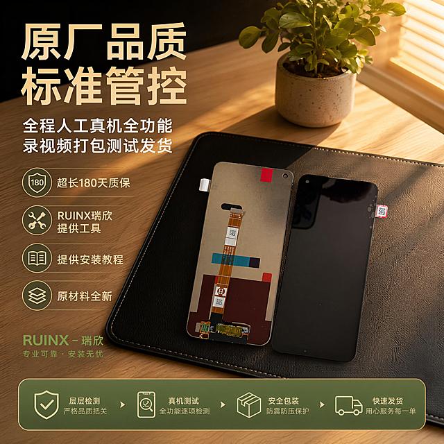「图片1」，生成场景图10张，参考「图片1」的相似度50%，图片比例1:1，4K。商品名适用于 OPPO A32 /A11S/A53S/真我7I/真我C17/1+N100/A33-2020/A54 ，卖点是：原厂品质标准管控 全程人工真机全功能录视频打包测试发货。超长180天质保。品牌：2. 「图片1」RUIXIN 提供工具「图片1」安装教程 原材料全新，商品信息中不要有带有“赠品”“送” 相关文字信息，，适配拼多多平台.