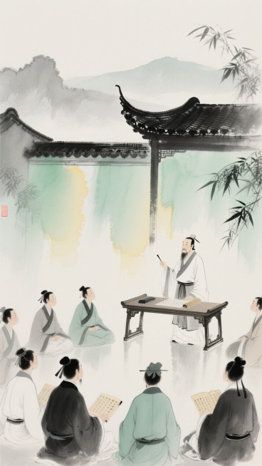 中国水墨画风格的教师节画面，定格古代书院讲学场景。师者于案几后授业，众学子着古装恭敬围坐。背景融入中式飞檐，淡染山水，缀以竹叶。以水墨黑白灰为主调，浅绿、浅黄作柔和点缀。案几、简牍等细节，共筑古朴典雅预览效果