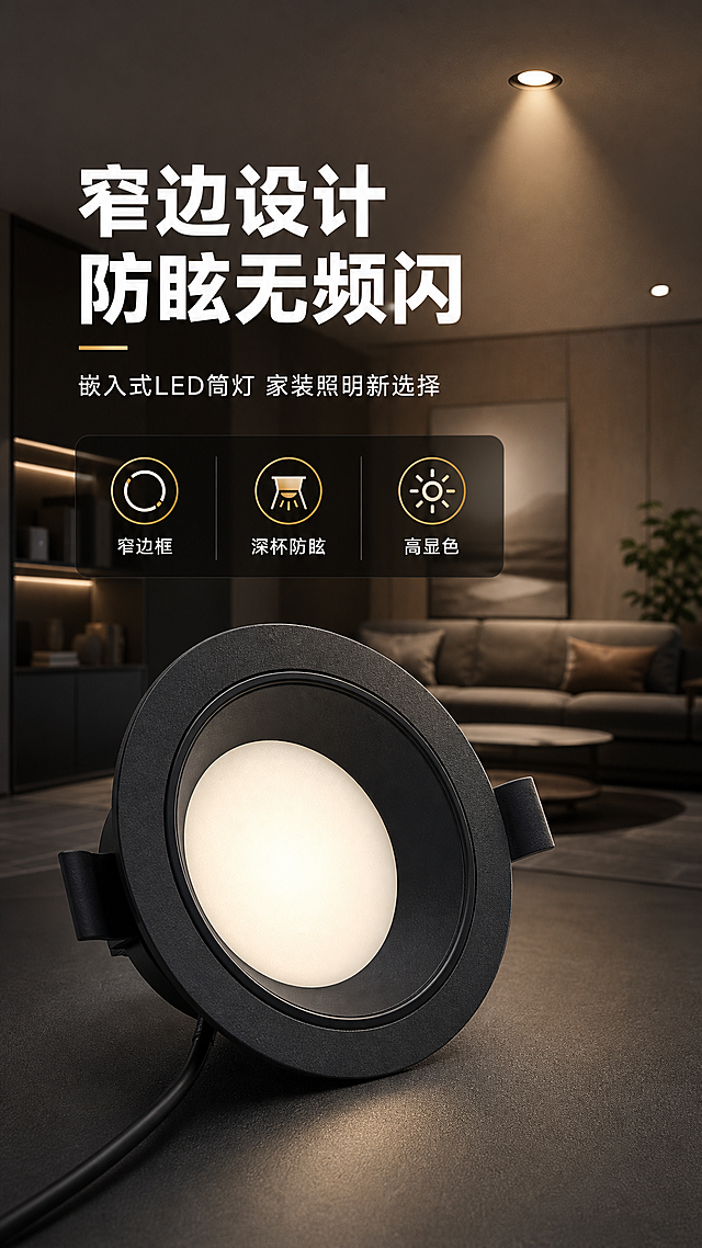 [商品] 使用【图5】黑色LED嵌入式筒灯正面发光面图；保留圆形窄边设计、黑色磨砂灯体、白色发光面、两侧弹簧卡扣结构、黑色出线；修复背景为干净场景，增强灯体质感和发光面均匀光感，不改变产品结构比例。
[画面] 目标：专业头图，突出窄边设计与防眩照明效果。构图：上半部分现代简约客厅吊顶场景，筒灯嵌入天花板发出暖白光，光束向下照射；下半部分产品特写，筒灯正面45度仰角展示，占画面约50%。阅读动线：从上到下，先场景后产品。前景：产品特写；中景：客厅沙发茶几虚化；后景：吊顶与墙面。
[视觉] 套系策略：风格=现代简约工业风商业摄影；标题字=粗黑体无衬线；正文字=常规黑体无衬线；主色=深炭黑；背景延展=基于深炭黑做深浅层级渐变，搭配深灰/浅灰过渡，局部暖光环境光；强调色=暖金色（仅用于小面积图标、引线、标签和光效点缀）；标题色=白色；正文色=浅灰色；组件=深色半透明信息卡、细白线引线、圆角图标；光影=产品左前侧柔光+发光面自发光暖白光，背景环境光偏暗突出产品。
[文字] 顶部主标题"窄边设计 防眩无频闪"，副标题"嵌入式LED筒灯 家装照明新选择"；下方配3个卖点图标+短文字："窄边框""深杯防眩""高显色"；文字区位于画面上1/3处，不遮挡产品主体发光面。
[规格] 图片比例9:16竖版，4K，避免变形、错字、文字过小、冷蓝色调、产品结构失真、发光面过曝。