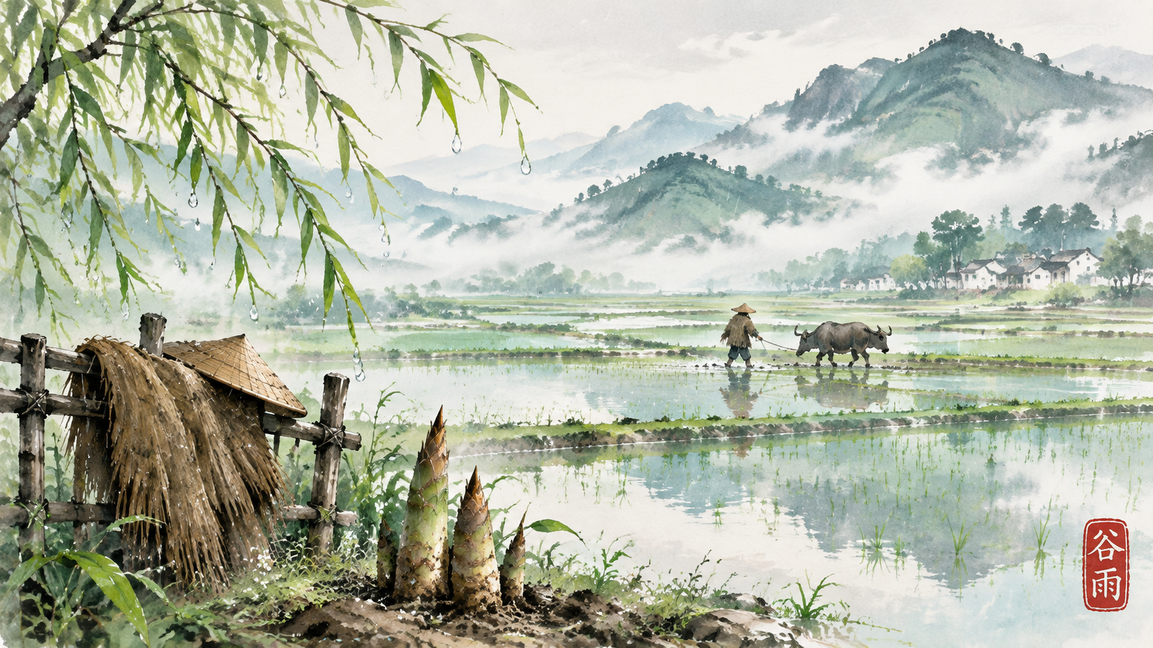 谷雨节气主题水墨淡彩插画，描绘'雨生百谷'的江南意境，16:9… - 图片创意预览