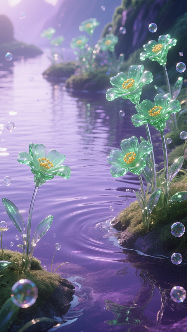 梦幻3D风格，虚拟自然场景，玻璃质感花朵与气泡，营造仙境般氛围。