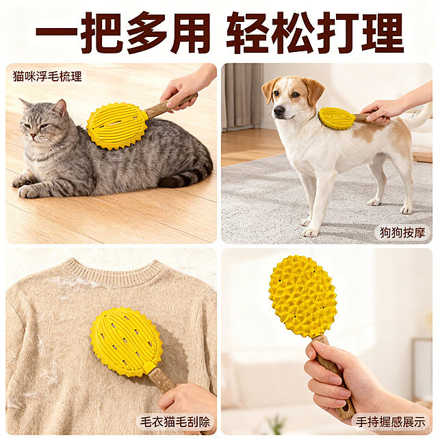 [垫图] https://gdesign-dam-hz.dancf.com/35933612385748054/75c69f58d3334e2ab63c3ee2b929d60a.jpg
[主图主题] 宠物梳毛器多场景使用展示
[氛围/风格] 清新自然生活感，真实使用场景氛围
[画面元素] 四宫格布局展示多场景使用：左上是给猫咪梳理浮毛，右上给狗狗按摩，左下刮除毛衣上的猫毛，右下展示手持握感，产品外观和原图完全一致，每个场景都干净明亮，整体光影统一，背景都为浅色系家居环境
[配色色系] 整体搭配：暖黄产品，木色手柄，浅色系背景，点缀自然家居色彩，风格清新统一
[文字版式] 顶部主标题“一把多用 轻松打理”粗深棕色无衬线字体，每个小场景角落标注对应场景小字，文字简洁不遮挡主体，排版整齐舒适
[比例分辨率] 2k 分辨率