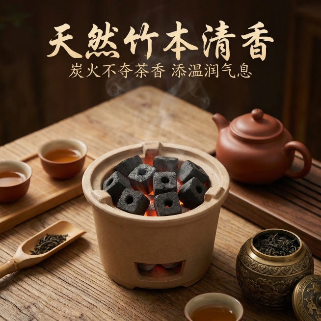 围炉煮茶场景，方形竹炭放在煮茶炉中，旁边摆放着茶具和茶罐，背景是原木茶桌，画面上方大字文案“天然竹本清香”，小字文案“炭火不夺茶香 添温润气息”，文字悬浮于背景之上，雅致国风，适配淘宝主图，1:1构图预览效果