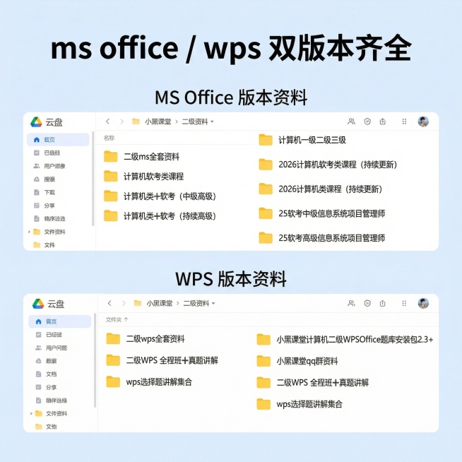 [第8张主图] 双版本资料展示
[主图主题] 计算机二级ms和wps双版本齐全
[氛围/风格] 清晰直观，简洁明快
[画面元素] 浅蓝色背景，上下分屏，上半部分展示ms版本网盘文件夹截图，下半部分展示预览效果