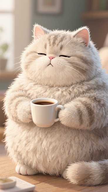 可爱的，胖乎乎的毛茸茸的猫全身覆盖着一层又软又厚的毛。由3D毛茸茸的材料制成。猫咪端着咖啡杯，表情可爱，毛绒绒的，睡眼惺忪，一副困倦的样子预览效果