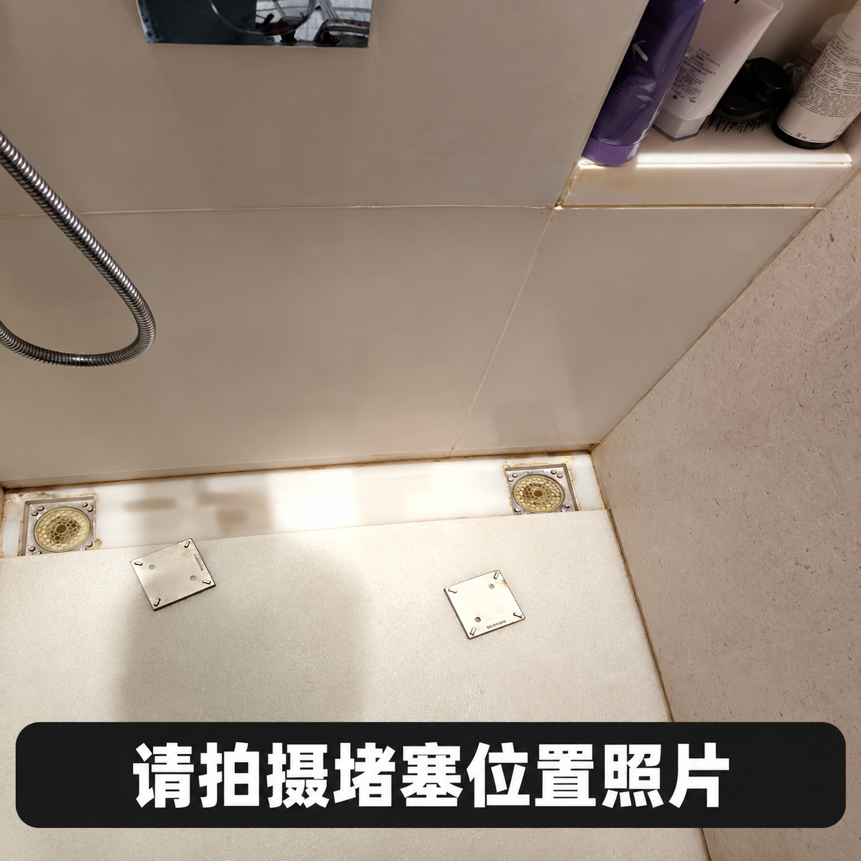 在图片底部添加黑色圆角矩形背景条，条内添加白色粗体文字“请拍摄… - 图片创意预览