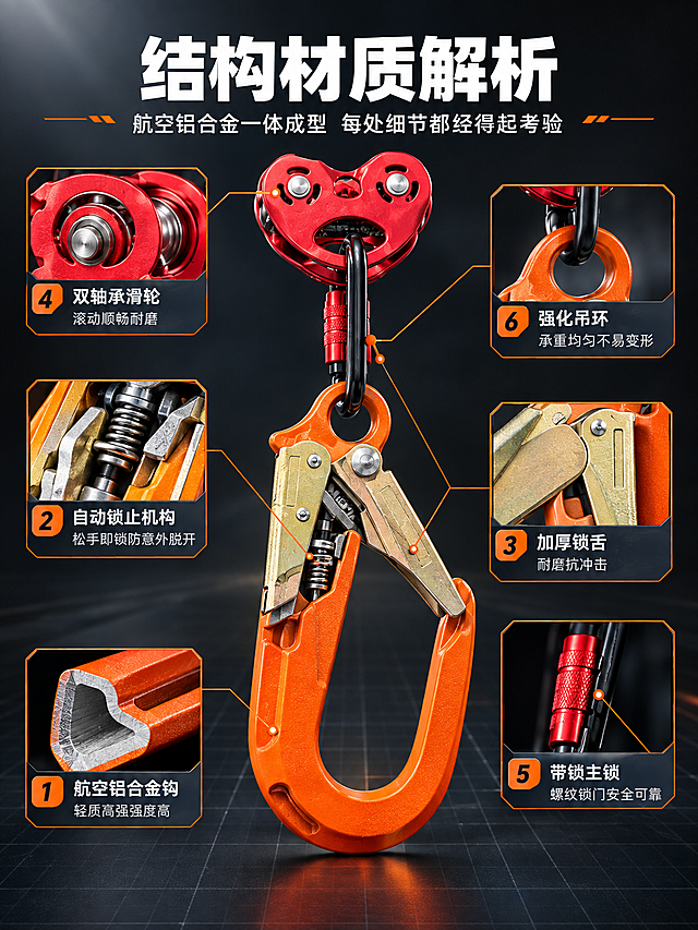 [商品] 使用【图1】橙色自锁安全钩+红色双滑轮+黑色主锁；产品居中放大展示，保留全部结构和颜色；对关键部位做剖面/放大标注：航空铝合金钩体锻造层、自动锁止弹簧机构、锁舌、滑轮轴承、主锁锁门、吊环连接处；增强航空铝金属切面和内部精密结构质感。
[画面] 页面目标：结构材质拆解，证明产品用料和工艺；构图：中央产品大图+四周引线标注，左右分布信息卡；产品占画面55%；景别：特写+局部放大；阅读动线从中心产品向四周扩散。
[视觉] 套系策略：风格=工业硬核商业摄影风；标题字=粗黑无衬线工业字体；正文字=简洁无衬线体；主色=深炭灰+工业橙；背景延展=深灰到黑渐变，带科技感网格线；强调色=亮橙色，用于引线、标注点和材质标签；标题色=白色；正文色=浅灰色；组件=橙色细线引线、圆形标注点、深灰信息卡；光影=多角度布光，突出航空铝金属切面质感和内部结构层次，锁舌和轴承处加局部高光。
[文字] 顶部主标题「结构材质解析」（6字），副标题「航空铝合金一体成型 每处细节都经得起考验」（14字）；6处标注文字：1.「航空铝合金钩」轻质高强强度高 2.「自动锁止机构」松手即锁防意外脱开 3.「加厚锁舌」耐磨抗冲击 4.「双轴承滑轮」滚动顺畅耐磨 5.「带锁主锁」螺纹锁门安全可靠 6.「强化吊环」承重均匀不易变形；所有文字横排，引线从标注点连到文字。
[规格] 图片比例3:4竖版，分辨率4K，负向提示：避免变形、错字、文字过小、结构虚构、产品颜色改变、卡通化、极限词、竖排文字。