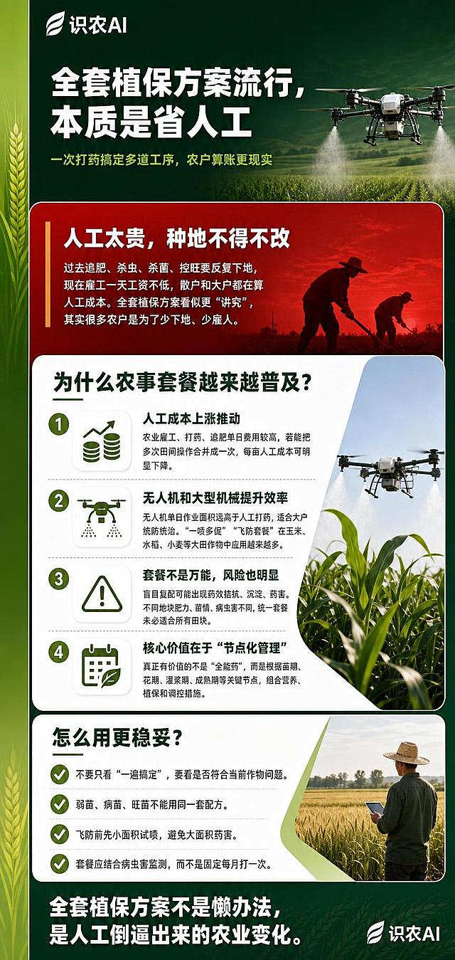 一张9:16竖版农业行业洞察内容海报，深墨绿色农业底色，整体风格专业有深度，适合农资从业者和种植户阅读。左上角放置"识农AI"品牌LOGO。画面结构从上到下分为五个板块，排版精美，层级分明，文字清晰可读，无乱码无胡乱堆叠。与上一张海报风格有明显区别：采用更现代的几何分割版式，左侧有绿色渐变竖条装饰，卡片采用圆角设计，配图以无人机飞防和大田作物为主。

第一板块（顶部吸睛区）：深墨绿色背景，左上角"识农AI"LOGO，主标题大字号白色加粗"全套植保方案流行，本质是省人工"，副标题稍小字号浅绿色"一次打药搞定多道工序，农户算账更现实"，标题区右下角配小型无人机飞防作业剪影，背景有淡淡的麦田纹理。

第二板块（红色痛点区）：醒目的深红色渐变圆角卡片，板块标题白色加粗"人工太贵，种地不得不改"，正文白色小字："过去追肥、杀虫、杀菌、控旺要反复下地，现在雇工一天工资不低，散户和大户都在算人工成本。全套植保方案看似更'讲究'，其实很多农户是为了少下地、少雇人。"红色区域左侧有竖条装饰，配轻微的农民田间劳作剪影。

第三板块（真实论据区）：白色圆角信息卡片，板块标题深绿色加粗"为什么农事套餐越来越普及？"，下方分四个小点，每点有绿色圆形序号图标和小标题：
1. 小标题"人工成本上涨推动"，正文："农业雇工、打药、追肥单日费用较高，若能把多次田间操作合并成一次，每亩人工成本可明显下降。"
2. 小标题"无人机和大型机械提升效率"，正文："无人机单日作业面积远高于人工打药，适合大户统防统治。'一喷多促''飞防套餐'在玉米、水稻、小麦等大田作物中应用越来越多。"
3. 小标题"套餐不是万能，风险也明显"，正文："盲目复配可能出现药效拮抗、沉淀、药害。不同地块肥力、苗情、病虫害不同，统一套餐未必适合所有田块。"
4. 小标题"核心价值在于'节点化管理'"，正文："真正有价值的不是'全能药'，而是根据苗期、花期、灌浆期、成熟期等关键节点，组合营养、植保和调控措施。"
卡片角落配小型无人机飞防真实配图元素，不遮挡文字。

第四板块（落地建议区）：橄榄绿渐变底色的白色圆角卡片，板块标题深绿色加粗"怎么用更稳妥？"，下方四条建议，每条有绿色对勾图标：
1. "不要只看'一遍搞定'，要看是否符合当前作物问题。"
2. "弱苗、病苗、旺苗不能用同一套配方。"
3. "飞防前先小面积试喷，避免大面积药害。"
4. "套餐应结合病虫害监测，而不是固定每月打一次。"

第五板块（底部标语区）：深墨绿色底栏，白色加粗大字"全套植保方案不是懒办法，是人工倒逼出来的农业变化。"，底部右侧加小型识农AI标识。

整体配色：深墨绿主色(#0F3020) + 深红警示色(#B71C1C) + 白色圆角信息卡片 + 橄榄绿辅助色(#556B2F)。画面中点缀无人机飞防、玉米小麦大田、农民作业等农业相关配图，增强真实感和专业感。所有文字使用简体中文，字号适中清晰可读，排版对齐工整，信息密度高但不拥挤。

画面中所有数字必须精确渲染，不得出现错位、遗漏或编造的数字。
画面中所有信息区域必须填充完整合理的内容，不得出现空白框、空白占位、横线待填写区域、空列表项、空单元格。
不需要二维码占位。
