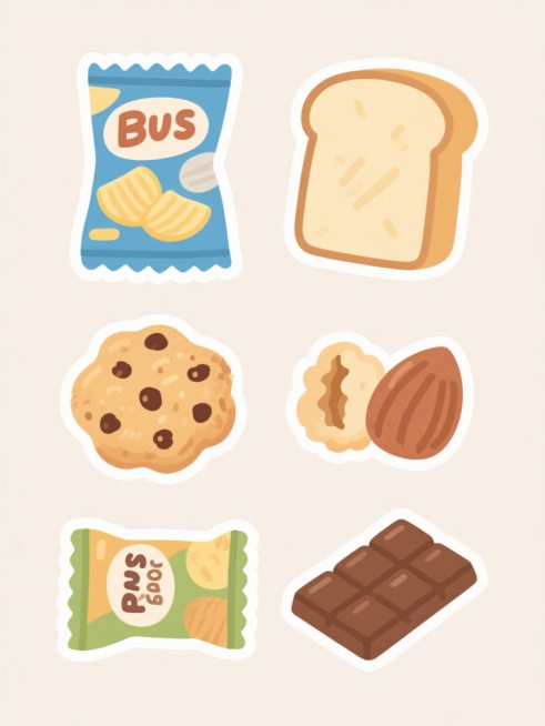一套6种不同零食的插画集合，包括薯片、饼干、曲奇、面包、坚果和巧克力，采用清新明快的卡通手绘风格，色彩明亮柔和，边缘有轻微的轮廓线，每个零食包装和实物都有细致的纹理和阴影表现，整体画面简洁干净，所有元素规整地排列在纯色背景上，保持统一的视觉风格和比例大小。预览效果
