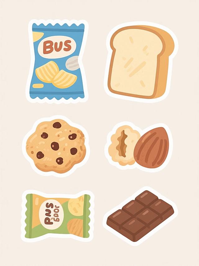 一套6种不同零食的插画集合，包括薯片、饼干、曲奇、面包、坚果和巧克力，采用清新明快的卡通手绘风格，色彩明亮柔和，边缘有轻微的轮廓线，每个零食包装和实物都有细致的纹理和阴影表现，整体画面简洁干净，所有元素规整地排列在纯色背景上，保持统一的视觉风格和比例大小。