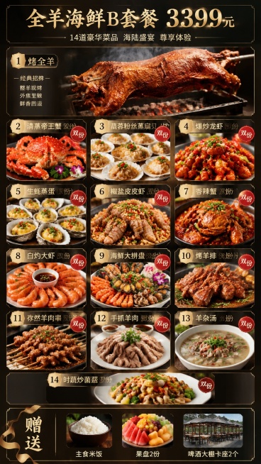 全羊海鲜B套餐3399元

菜品
1.特色烤羊一只
2.姜葱炒飞蟹
3.自家小船海螺10只
4.碳烤大海虾10只
5.压锅生蚝3斤
6.炸自家小船偏口鱼
7.农家大丰收
8.西施凤爪
9.凉拌鲜贝唇预览效果