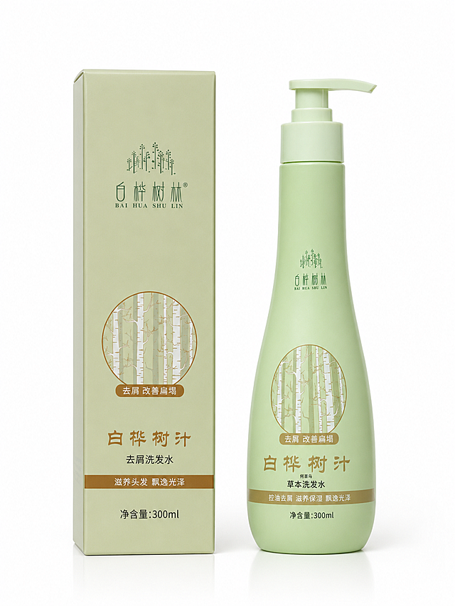 将图一的包装盒和图二的洗发水瓶合并到同一张图中，仿照图3的排版布局，使用纯白色背景，整体清晰干净