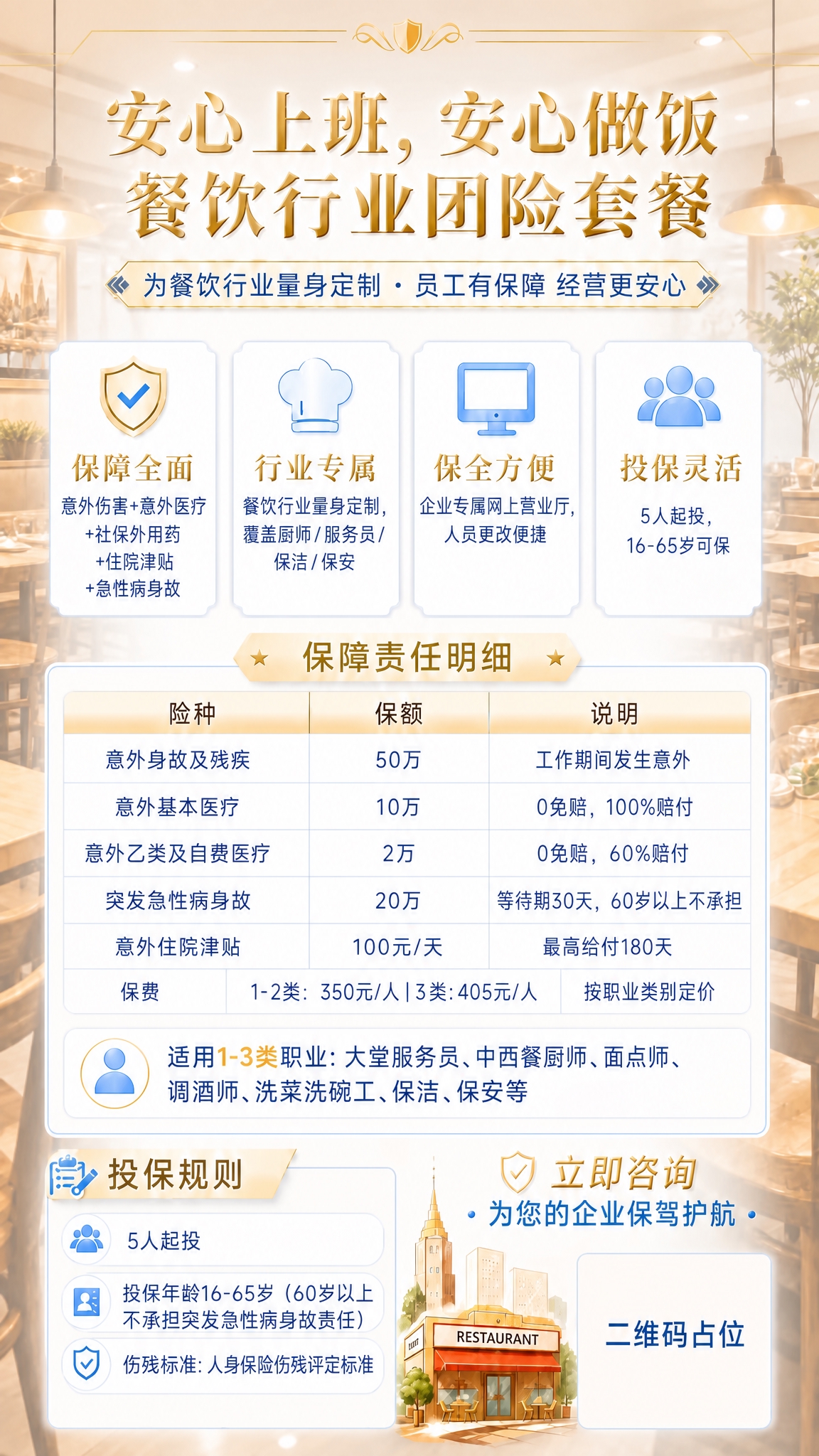 基于这张餐饮行业团险海报，在保障责任明细表中增加一行新的险种内… - 图片创意预览