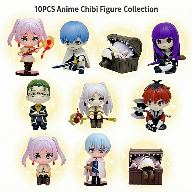 [Single Main Image] Anime Chibi Figure 10-piece set, High-end atmospheric main picture, product display with cartoon magic elements.
[Layout] Double subject clean endorsement layout.
[Main Body] 10 different anime chibi figure toys from input images, 4 figures on the top row, 3 figures on the middle row, 3 figures on the bottom row neatly arranged. All figures maintain the original appearance, color, structure, material and character features completely consistent with the input product images, no deformation, no color difference. The product group accounts for about 70% of the picture, placed in the center of the picture. All 10 figures are clearly visible with complete outlines.
[Decorative Elements] Add soft cartoon magic glow and sparkle effect around the figures, keep it light and not block the product. A simple English title is placed at the top. Background is pure white #FFFFFF.
[Lighting and Texture] Commercial photography texture, soft and even studio light, clear main light, soft reflection on the bottom, transparent picture, high definition, product details clear, delicate and advanced. Product has obvious three-dimensional sense, natural shadow.
[Copy Layout] Top center, large simple English title "10PCS Anime Chibi Figure Collection", font is bold sans-serif, dark gray, clear contrast with white background. No other redundant text. All text is English, no Chinese characters.
[Color Matching] Main background pure white, product retains original bright color, magic elements soft light yellow as decoration.
[Proportion Resolution] 1:1 ratio, 2048px * 2048px, 2K resolution, text clearly recognizable, ultra HD.
[Negative Prompt] Deformation, watermark, text disorder, blurry product, messy background, Chinese characters, inconsistent product appearance, occlusion, distorted structure.