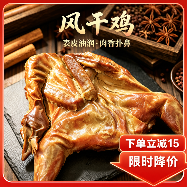 [主图]风干鸡促销电商主图，保留原图风干鸡产品主体不变，原图的鸡肉纹理、色泽、位置完全保留，产品外观、物理结构、材质质感与原图保持绝对一致，杜绝任何变形和色差。参考图片1的红色促销风格，在画面右下角添预览效果