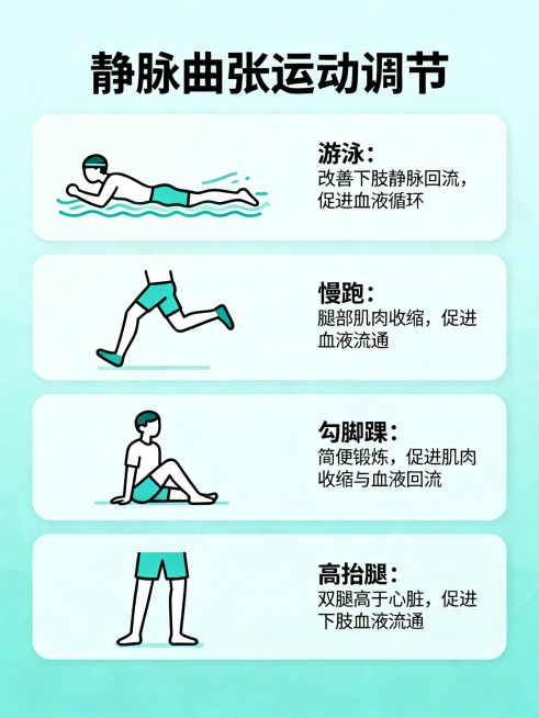 简洁的医疗健康科普信息图，纯图文排版，标题为"静脉曲张运动调节"，分四个板块介绍四种运动：1.游泳：改善下肢静脉回流，促进血液循环；2.慢跑：腿部肌肉收缩，促进血液流通；3.勾脚踝：简便锻炼，促进肌肉预览效果