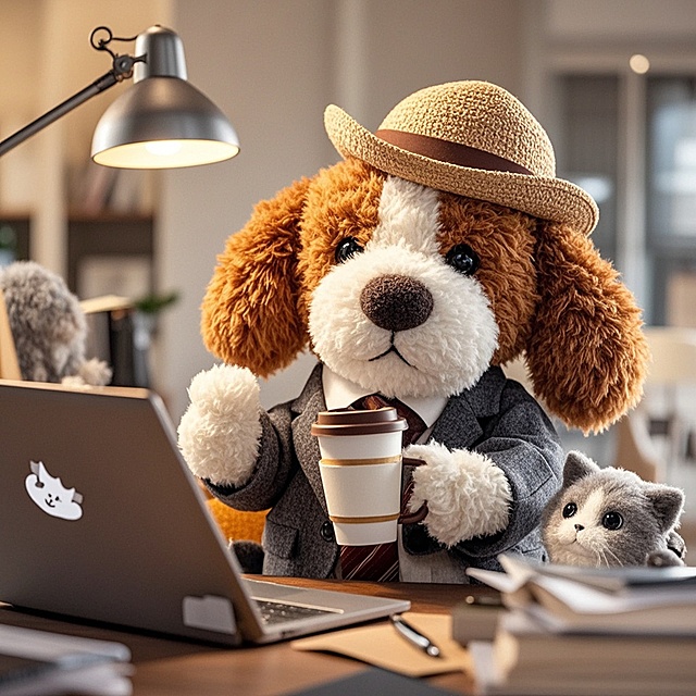 可爱卡通狗狗拟人化办公，戴帽持咖啡，温馨有趣。