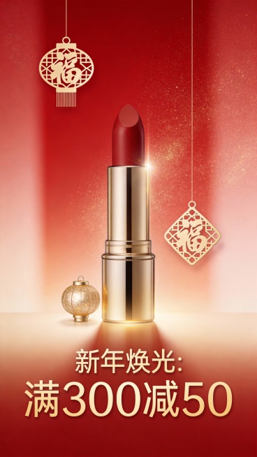 极简风新年化妆品促销海报，高级简约风格，采用哑光红与金属金配色。中央聚焦高端口红或护肤精华瓶身，点缀朦胧微光效果，搭配1-2个精致节日元素（迷你金箔灯笼、缕空「福」字贴饰）。背景铺展柔光红渐变与细腻金预览效果