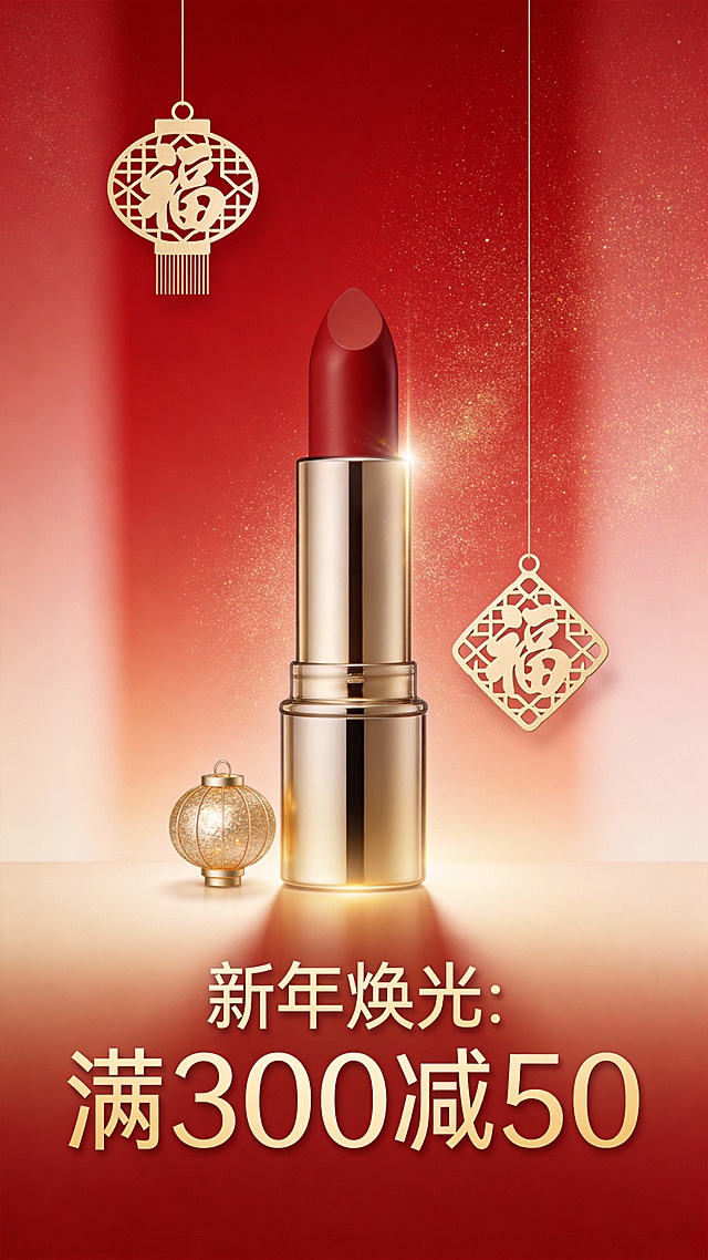 中式喜庆风，3D重拟物设计，鎏金金属质感唇膏搭配传统“福”字挂饰，营造奢华新年氛围，节日促销信息突出。