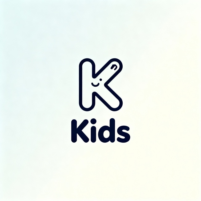 一个以字母“K”为设计核心的极简风格LOGO，该“K”经过创意变形，线条流畅、几何感强，可隐含儿童元素如小手、笑脸或玩具轮廓；下方搭配无衬线字体“Kids”，字形圆润可爱，与图形保持视觉统一；整体采用纯色背景（推荐柔和浅灰、淡蓝或奶油白），突出主体，营造干净、现代、亲和的视觉感受，适合儿童产品品牌使用。预览效果