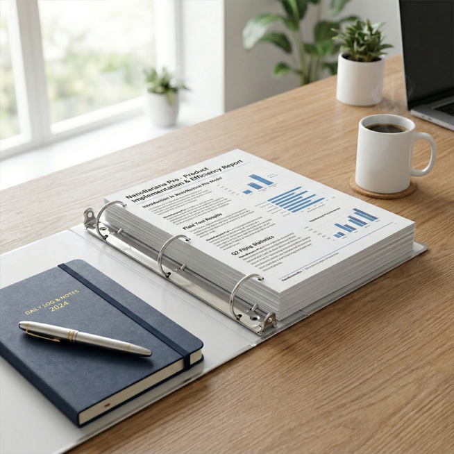 将这个活页夹放置在整洁的办公桌面使用场景中，活页夹夹着多份打印好的文件，桌面还有笔记本、钢笔、一杯咖啡，整体是明亮的办公室环境，真实自然的日常办公氛围预览效果