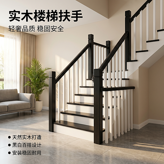 [主图 1] 空间场景与氛围展示黑白色实木楼梯扶手。氛围风格：现代轻奢简约风，温馨居家生活感；画质：商业摄影质感、光线柔和通透、产品清晰真实、画面干净高级；元素：完整展示楼梯扶手安装在现代家居空间中，墙面浅米白，地面灰色大瓷砖，软装搭配丰富，一旁有简约沙发和绿植装饰，保持楼梯扶手外观（即物理结构、材质质感、颜色）与输入产品图绝对一致，杜绝任何变形和色差，精细化处理，商品主体占比严格控制在60%-80%之间，画面满屏无边框；光影：温馨暖调自然光，午后柔和光斑，主光从侧面入户窗照入，墙面漫反射填充，高光不溢，暗部有层次；配色：主色调黑白对比，辅助色浅米灰，干净高级；视角构图：正面平视45°角，主体居中，景深适中；文字版式：左上角左对齐留安全边距，主标题 {实木楼梯扶手} 黑色最大号粗体无衬线；副标题 「轻奢品质 稳固安全」 约半高同色略浅；左下用圆点符号列出三个卖点：● 天然实木打造 ● 黑白百搭设计 ● 安装稳固耐用；比例分辨率：1:1 比例，2k 分辨率，文字清晰可辨，超高清；负向提示词：变形，水印，文字错乱，产品图模糊，背景杂乱，牛皮癣，配色刺眼，遮挡主体