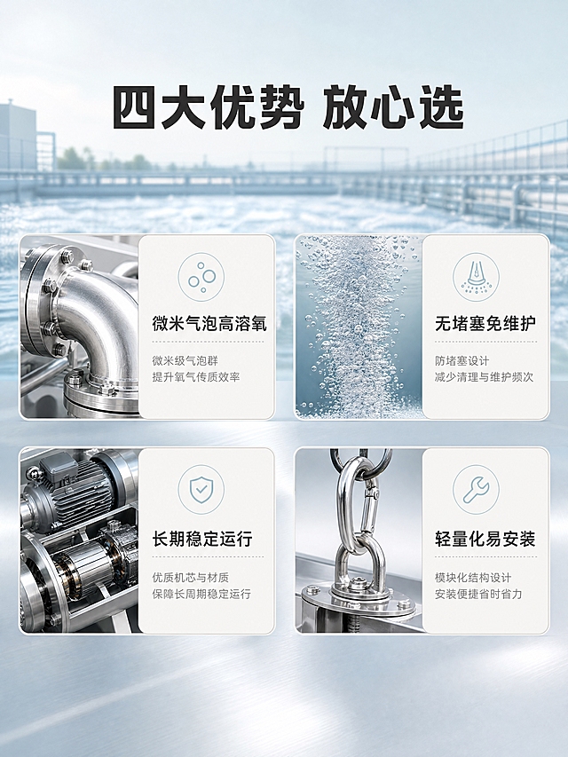 [商品] 微气泡高效曝气设备四大核心部件局部元素：不锈钢管件（法兰/管路）、曝气气泡（微米气泡群）、运行机芯（内部电机/泵体）、吊装配件（吊环/卡扣），各占区块约20%比例。
[画面] 核心卖点图，目标为总览四大优势，强化购买理由。上下两排均分4个区块（2×2布局），每个区块搭配对应设备局部小元素（占比约20%），元素旁配细圆角米白色卖点卡片。背景为虚化曝气池+浅银灰光影台面。顶部留白放主标题。
[视觉] 套系策略：风格=工业专业商业摄影+水处理工程氛围；标题字=粗体工程黑体；正文字=等线体；主色=#E8F4F8浅青蓝；背景延展=基于#E8F4F8做深浅层级、同色渐变，叠加虚化曝气池+浅银灰光影台面；强调色=深炭灰，仅用于标题和重点文字；标题色=深炭灰；正文色=银灰；组件=细圆角米白色信息卡片、浅灰描边；光影=柔和漫射光，左前侧主光，突出金属部件质感。
[文字] 顶部居中横排主标题「四大优势 放心选」（粗体工程黑体，深炭灰字）；四个区块卡片对应卖点横排：1.「微米气泡高溶氧」2.「无堵塞免维护」3.「长期稳定运行」4.「轻量化易安装」。所有卖点不重复前序内容，无极限词、无虚构功效表述。所有文字横排。
[规格] 图片比例3:4竖版，4K分辨率，负向提示：避免变形、错字、文字过小、极限词、虚构参数、冷蓝失真、竖排文字、旋转文字。