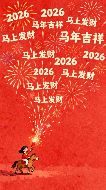 主体：左下角一个微缩的女生骑着马，手拿着点燃的礼花，礼花喷出的烟花自上而下落下米白色的2026、马年吉祥、马上发财小字重复出现，成烟火状，几乎铺满整个画面。
装饰元素：其余部分留白
色调：新年色调
背预览效果