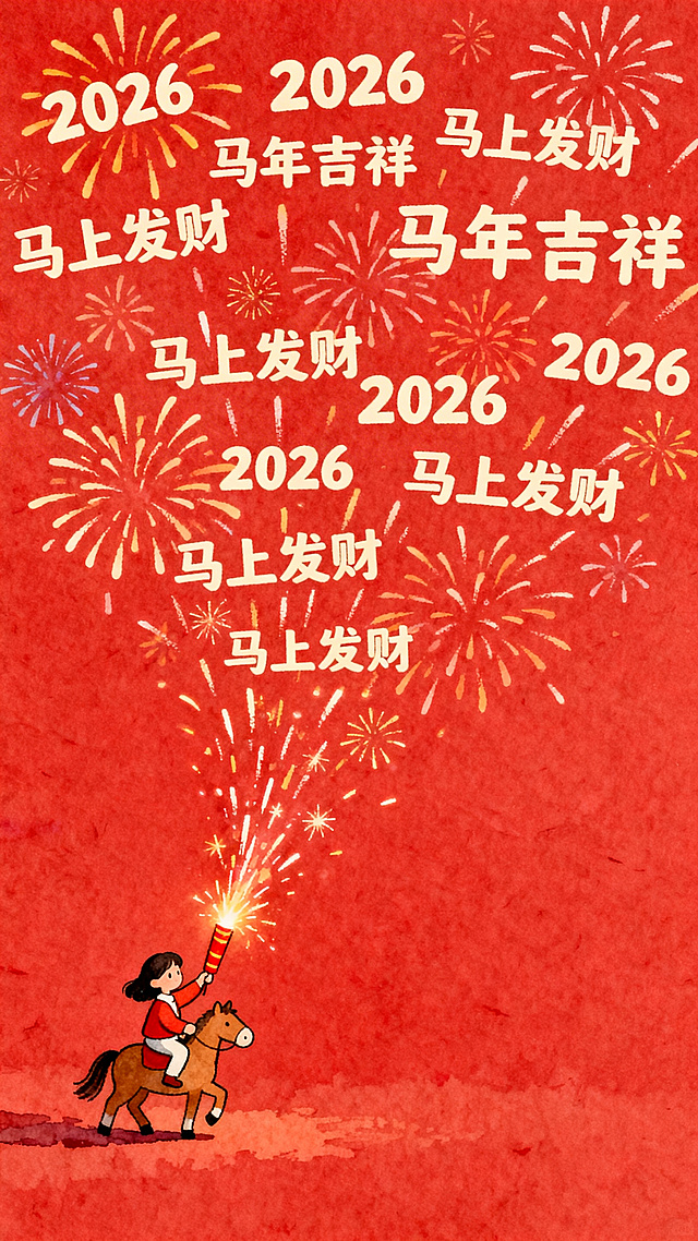 主体：左下角一个微缩的女生骑着马，手拿着点燃的礼花，礼花喷出的烟花自上而下落下米白色的2026、马年吉祥、马上发财小字重复出现，成烟火状，几乎铺满整个画面。
装饰元素：其余部分留白
色调：新年色调
背景：红色肯特纸
风格：手绘风格