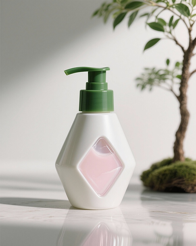 清新简约的3D几何瓶身，融合塑料与玻璃质感，柔和粉白配色传递舒适清爽感，现代设计中透出自然生机。