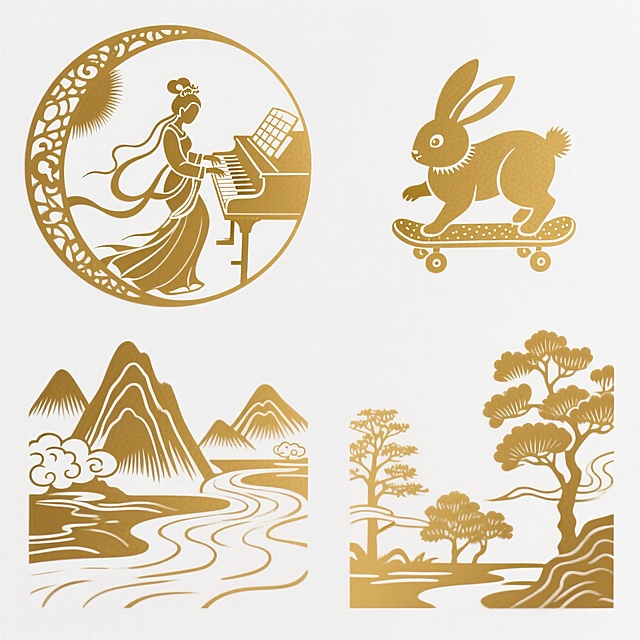 剪纸风融合古典与现代，金箔单色呈现嫦娥弹琴、玉兔滑板、山水松林，静谧优雅中透出文艺复古韵味，传递中秋佳节的唯美意境。