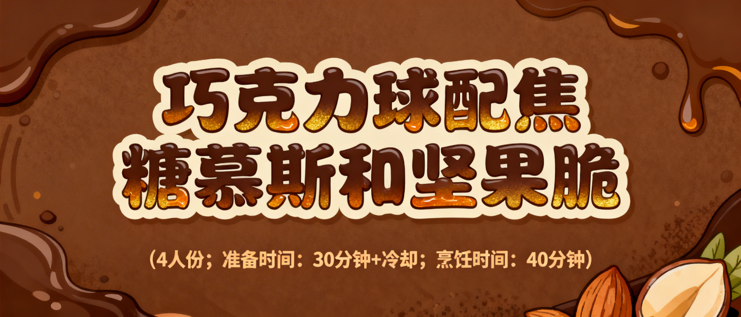 活泼可爱风格艺术字，第一排是"巧克力球配焦糖慕斯和坚果脆"，字体圆润饱满，采用深巧克力棕渐变搭配焦糖金色装饰，边缘加浅米色描边，增强褐色底图对比度；第二排小字是"(4人份；准备时间：30分钟+冷却；烹预览效果
