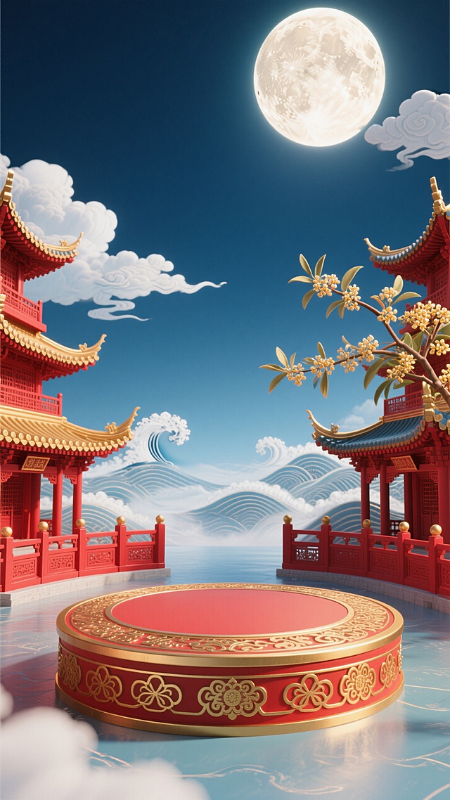 以红、金、蓝白为主色调，前景是带纹样的红金圆形展示台（表面有传统花纹），两侧是红金中式飞檐楼阁，楼阁周围有红色围栏，右侧有桂花枝，背景是深蓝色天空，悬着巨大明亮的圆月，背景有云朵、波浪纹样