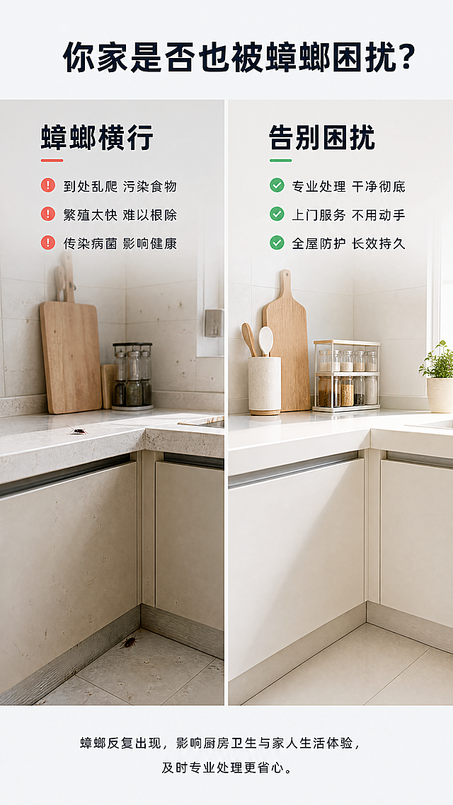 [第2屏] 蟑螂困扰痛点直击页面，服务为普通家庭上门灭蟑螂。
[氛围/风格] 痛点共鸣场景化设计，真实居家场景风格，柔和自然，小红书生活感。
[元素布局] 画面分左右对比结构，左侧展示蟑螂困扰的糟糕场景：厨房角落隐约可见蟑螂痕迹，文案标注“困扰”；右侧展示整洁无扰的干净厨房，文案标注“解决后”。左右各占50%宽度，中间用浅灰色分割线区分，顶部放置主标题，底部留白放置痛点总结文案。布局清晰，对比直观。
[光影质感] 自然居家光线，左右场景光影一致，清晰真实，明暗过渡自然。
[配色色系] 全局底色 #F5F8FA；主体配色：左侧场景暖灰调，右侧场景明亮干净，文字 #1E293B，对比线 #E2E8F0，警示小点 #F87171。
[视角构图] 正面竖向左右分栏构图，9:16比例，符合移动端浏览，对比一目了然。
[文字版式] 顶部主标题“你家是否也被蟑螂困扰？”，深色居中，字号约画面宽度6%；左侧标题“蟑螂横行”，配三个痛点小点：“到处乱爬 污染食物”、“繁殖太快 难以根除”、“传染病菌 影响健康”，每点一行，左对齐；右侧标题“告别困扰”，配三个优势小点：“专业处理 干净彻底”、“上门服务 不用动手”、“全屋防护 长效持久”，每点一行，左对齐。文字大小适中，移动端清晰可读。
[比例分辨率] 9:16 竖版比例，4K 分辨率，文字清晰可辨，超高清。
[负向提示词] 大量密集蟑螂，恶心画面，引起不适，文字错乱，水印，背景杂乱，绝对化用语，极限词。