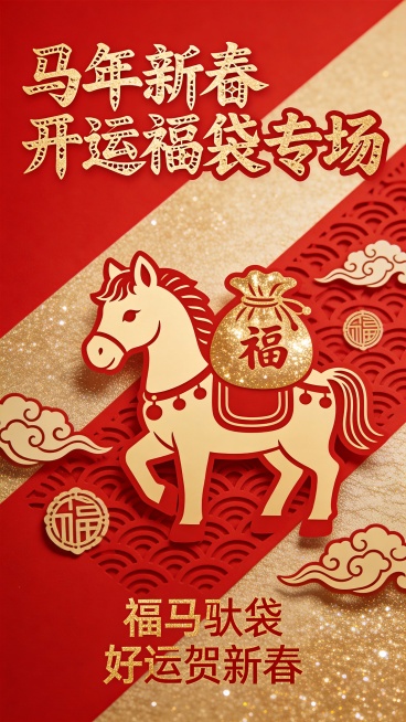这张马年新春开运福袋专场运营海报采用中式祥云剪纸肌理 + 亮金闪粉风格，是祥瑞活泼与开运囤货氛围的融合设计。
主体围绕开运福袋核心展开：中心是驮着亮金福袋的剪纸小马（贴合马年生肖），旁是剪纸祥云、福字预览效果