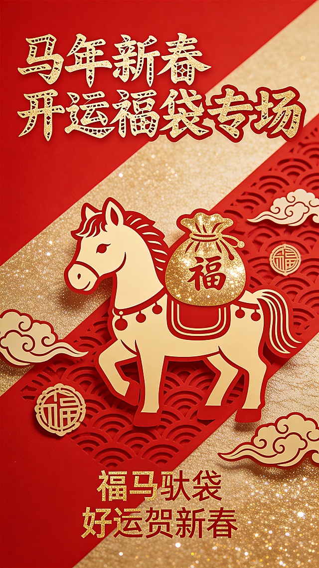 剪纸风马年新春海报，红金配色尽显喜庆与国潮韵味，鎏金质感文字与福袋元素呼应，传递开运祝福。