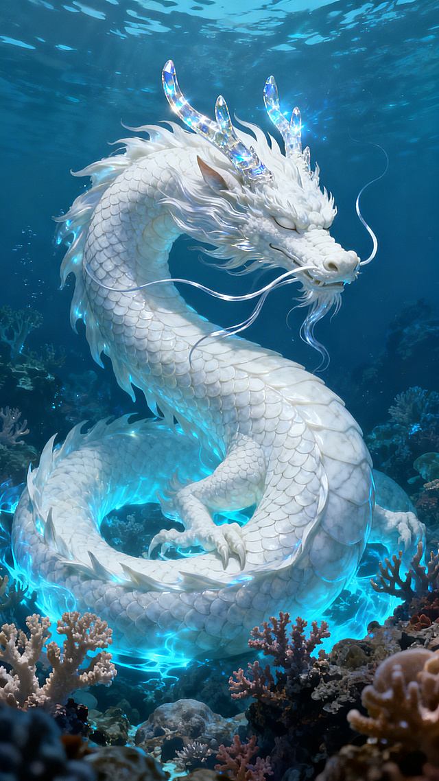一条通体雪白的巨大神龙，身形修长矫健，龙鳞宛如上等的羊脂白玉，在深海幽光中散发出温润而圣洁的光晕。龙首相貌威严，额前双角晶莹剔透，龙须如银丝般在水中飘舞。一双与人形时相似的狭长龙目紧闭，似在沉眠。巨大的龙身盘踞在东海深处的海底，周身环绕着淡淡的水蓝色神光，与珊瑚礁石融为一体，气息古老、静谧而强大
