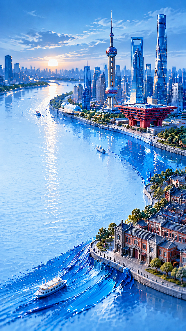 去除画面中所有文字，包括左上角的YOVNNE DESIGN、左下角的The Bund Pudong、上海·浦东、SHANGHAI PUDONG、A Blend of Tradition and Future、Modern Icon及所有英文小字、右下角的YOVNNE DESIGN，保持画面其他内容完全不变，微缩模型风格的上海浦东城市景观，蓝色主调，东方明珠、中华艺术宫、上海中心大厦、黄浦江、老上海建筑、游船