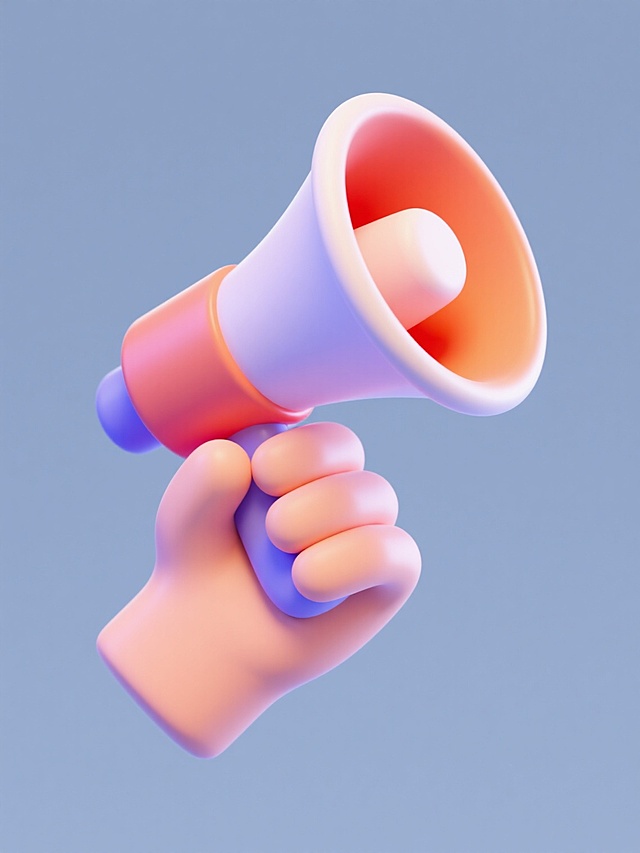 简约现代风格的3D立体图标，纯色背景，画面中央为一只卡通风格的手握着一个造型规整的喇叭，喇叭和手部采用圆润的几何造型，边缘平滑无棱角，整体色彩明快鲜艳，具有轻微的渐变和高光质感，无任何文字、logo和水印。