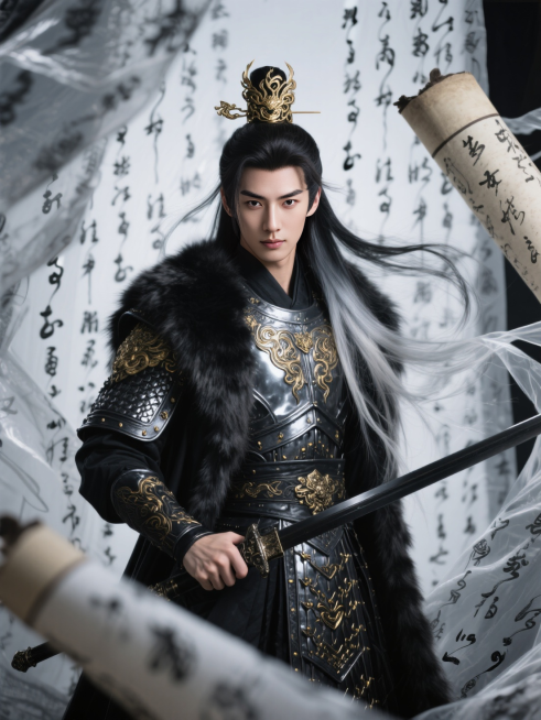 五官精致的古风男修真者，护额，鎏金螭纹发冠束起黑银色渐变长发，锐利眼神注视前方，穿着黑银色琉璃战甲，服饰鎏金纹饰繁复精致，披皮裘大衣。手扶腰间黑色金属剑鞘。全身。背景无数透明黑银色丝绸文字，人物仿佛从预览效果