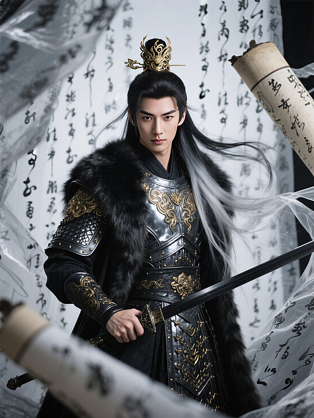 五官精致的古风男修真者，护额，鎏金螭纹发冠束起黑银色渐变长发，锐利眼神注视前方，穿着黑银色琉璃战甲，服饰鎏金纹饰繁复精致，披皮裘大衣。手扶腰间黑色金属剑鞘。全身。背景无数透明黑银色丝绸文字，人物仿佛从卷轴中浮现。头发和丝带凌乱飘逸带有动态模糊效果，整体画面多重曝光虚化，强透视广角构图，失焦弥散光晕渲染，高噪点胶片颗粒质感，强烈的暗黑灰度色调，边缘动态模糊处理，超现实朦胧美学，景深层次分明，战甲在暗光中泛着鎏金微光，背景空白处隐约浮现水墨笔触痕迹