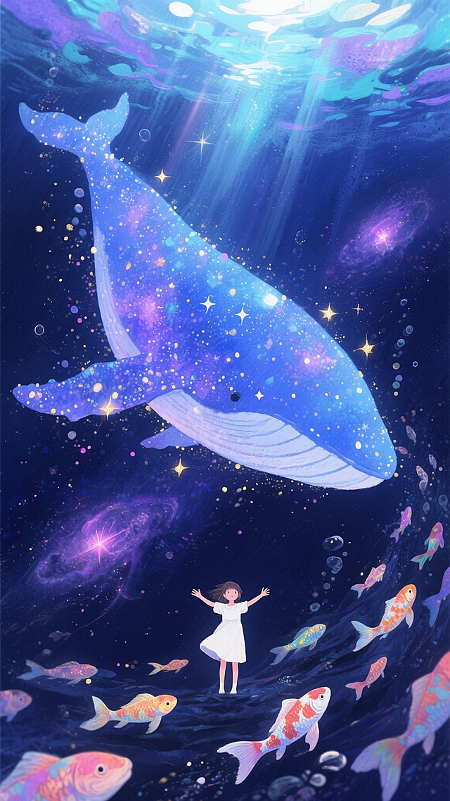 梦幻唯美的插画风格背景，深邃而璀璨的深蓝色宇宙般空间，巨大的蓝鲸身体由无数闪烁的星辰和光点组成，散发着柔和的蓝紫色光芒，周围环绕着细碎的光斑和轻盈的星云状物质，下方有穿着白色连衣裙的小女孩张开双臂，周围游动着色彩斑斓的锦鲤，整体画面充满神秘、浪漫而宁静的氛围，光线从上方洒下形成柔和的光晕，色彩以深蓝、紫色、青色为主色调，点缀金色和粉色的光芒，笔触细腻柔和带有水彩般的透明感，营造出梦幻般的海底星空意境。