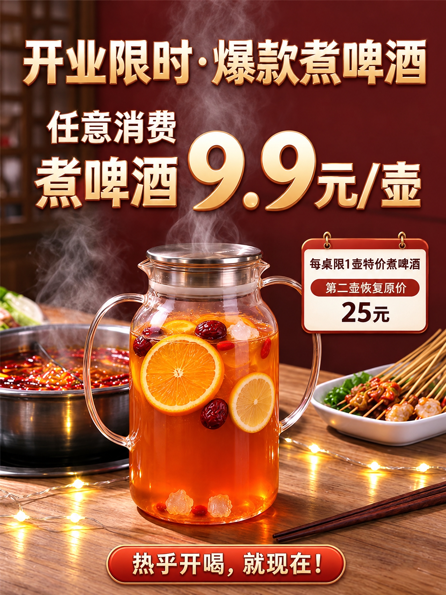 复刻这张煮啤酒促销海报，保持画面完全一致，高清重绘，去掉右下角… - 图片创意预览