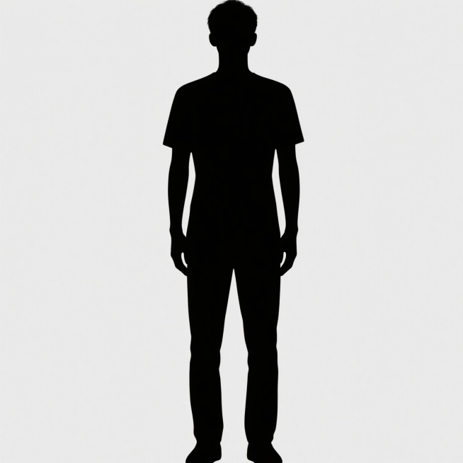 纯黑色剪影，男性青年，双臂自然下垂于身体两侧，双腿并拢直立，头部端正平视前方，极简风格，白色背景，轮廓边缘光滑清晰，无内部细节，单一闭合轮廓形态，简洁抽象的人体姿态剪影。预览效果